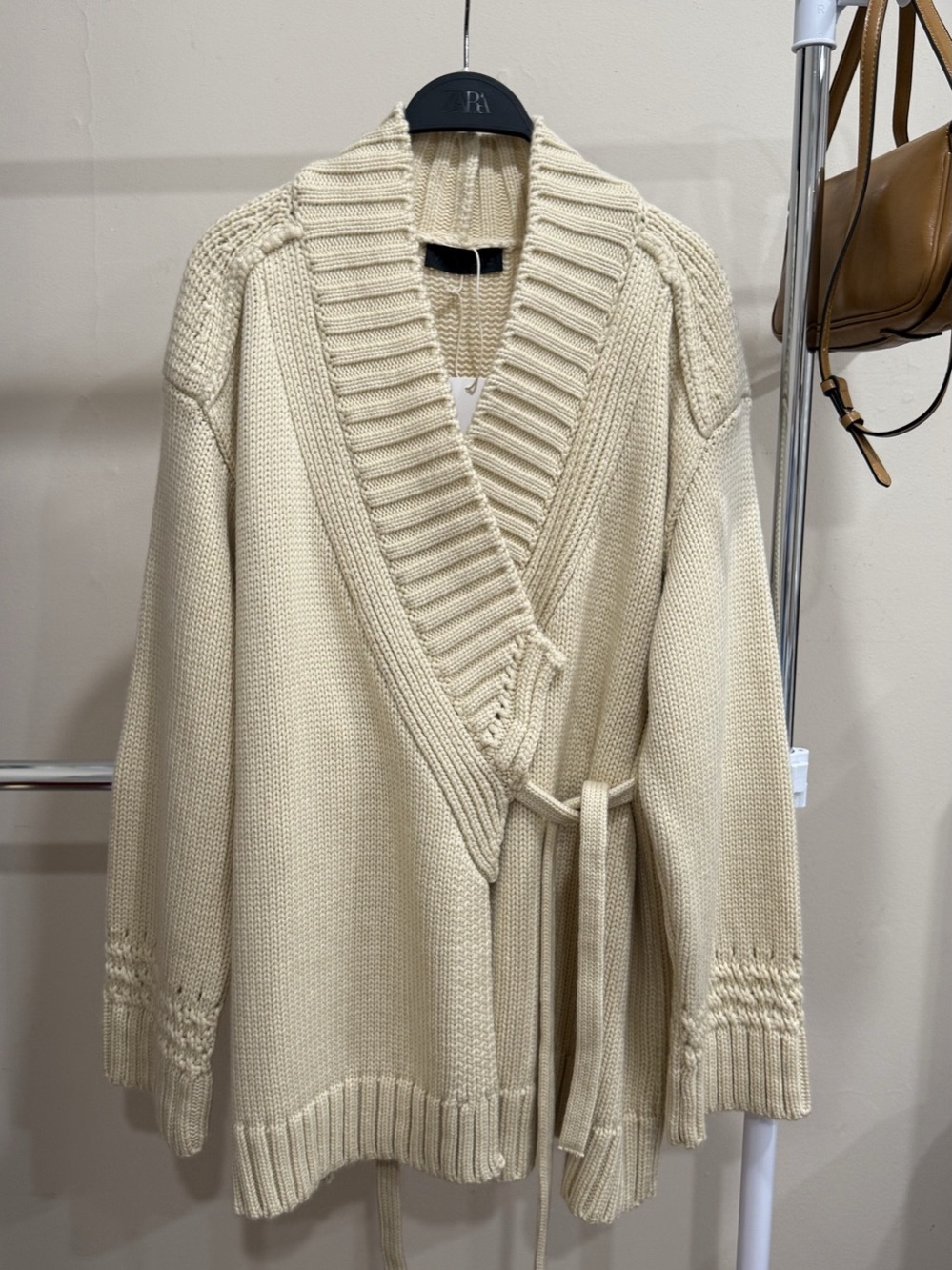Zara Cream Chunky Knit Belted Cardigan Size S NWT